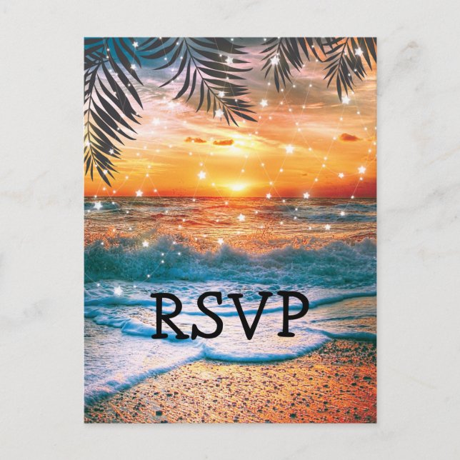 Tropical Sunset Beach Wedding RSVP Invitation Postcard (Front)