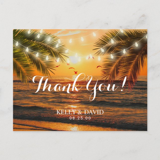 Tropical Sunset Beach Wedding Thank You Postcard (Front)