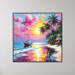 Tropical Sunset Beach with Boat and Palm Trees Canvas Print