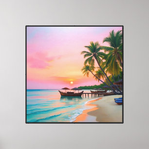 Tropical Sunset Beach with Boats and Palm Trees Canvas Print