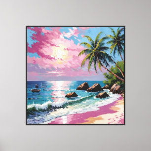 Tropical Sunset Beach with Palm Trees and Boats Canvas Print