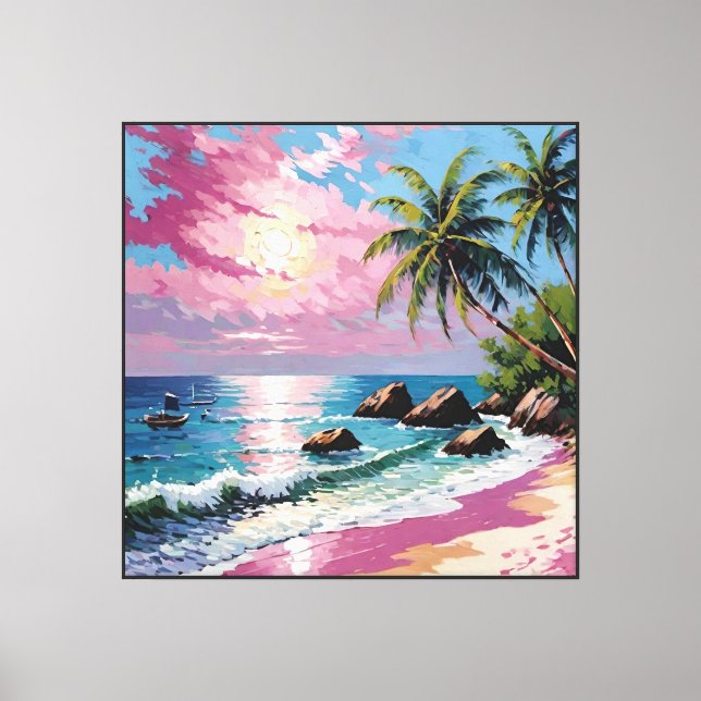 Tropical Sunset Beach with Palm Trees and Boats   Canvas Print (Front)