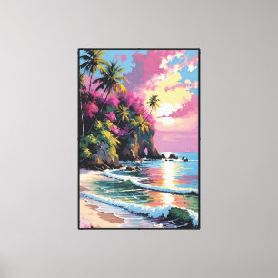 Tropical Sunset Beach with Palm Trees and Cliffs Canvas Print