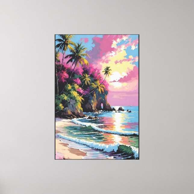 Tropical Sunset Beach with Palm Trees and Cliffs   Canvas Print (Front)