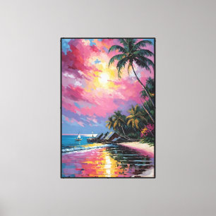 Tropical Sunset Beach with Palm Trees and Huts Canvas Print