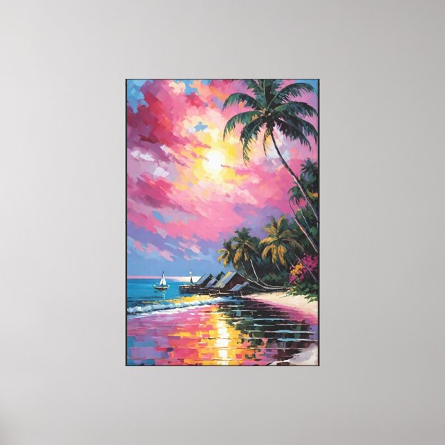 Tropical Sunset Beach with Palm Trees and Huts  Canvas Print (Front)