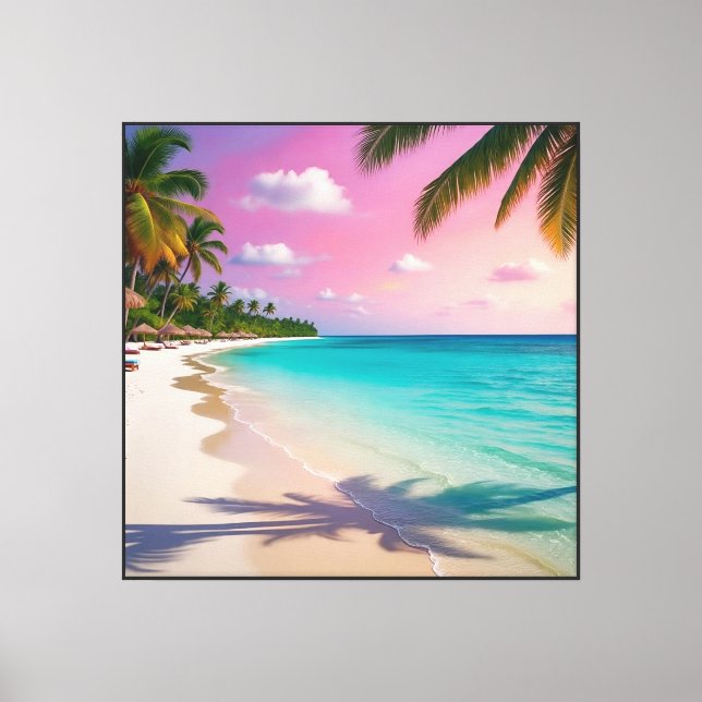 Tropical Sunset Beach with Palm Trees and Huts   Canvas Print (Front)