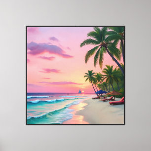 Tropical Sunset Beach with Palm Trees and Sailboat Canvas Print