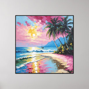 Tropical Sunset Beach with Palm Trees and Sailboat Canvas Print