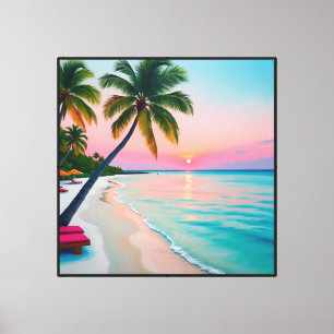 Tropical Sunset Beach with Palm Trees Canvas Print