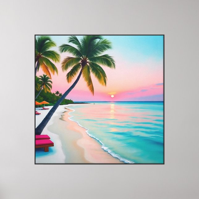 Tropical Sunset Beach with Palm Trees   Canvas Print (Front)