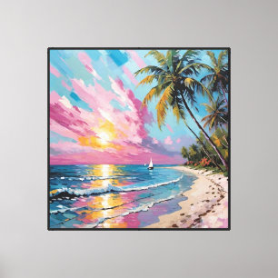 Tropical Sunset Beach with Sailboats and Palm Tree Canvas Print