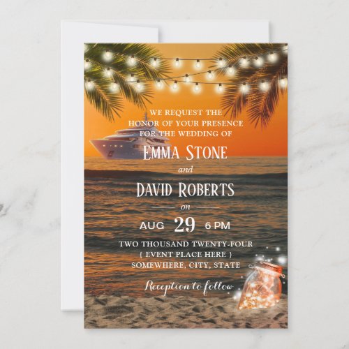 Tropical Sunset Beach Yacht Wedding Glow Mason Jar Invitation