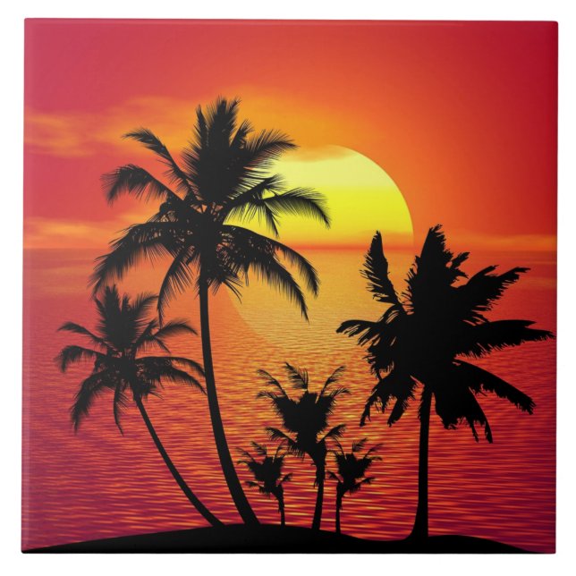 Tropical sunset, beautiful illustration,   ceramic tile (Front)