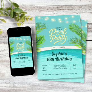 Tropical Sunset Birthday Pool Party Invitation