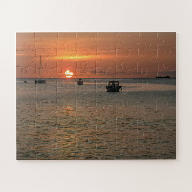 Tropical Sunset Boats Caribbean Ocean Jigsaw Puzzle (Horizontal)