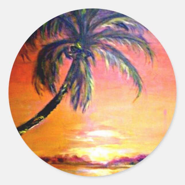 Tropical Sunset, fine art painting, Classic Round Sticker (Front)