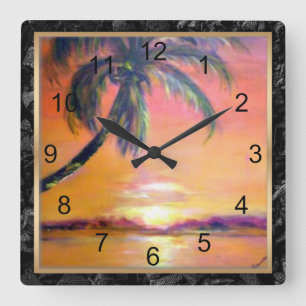 Tropical Sunset, fine art painting Square Wall Clock