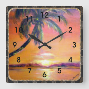 Tropical Sunset, fine art painting Square Wall Clock