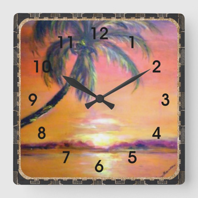 Tropical Sunset, fine art painting Square Wall Clock (Front)