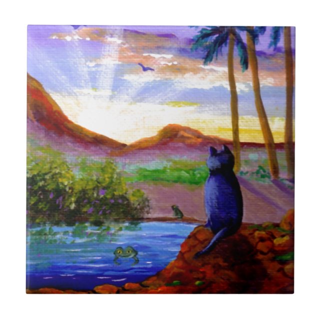 Tropical Sunset Funny Cat Frog Creationarts Tile (Front)