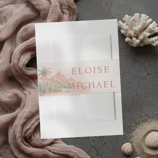 Tropical Sunset Island Beach Watercolor Wedding Invitation Belly Band (Tropical Sunset Island Beach Watercolor Wedding Invitation Belly Band)