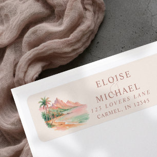 Tropical Sunset Island Beach Watercolor Wedding Label