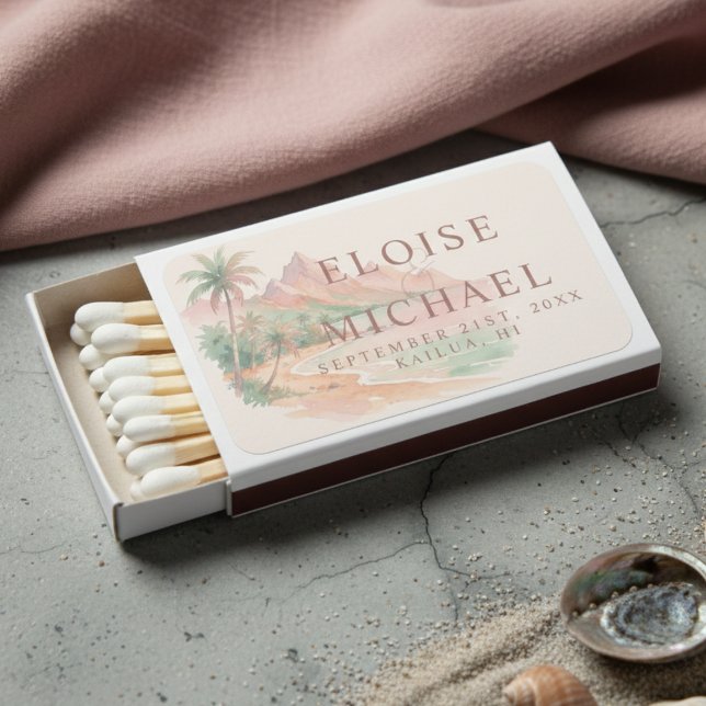 Tropical Sunset Island Beach Watercolor Wedding Matchboxes (Tropical Sunset Island Beach Watercolor Wedding Matchboxes)