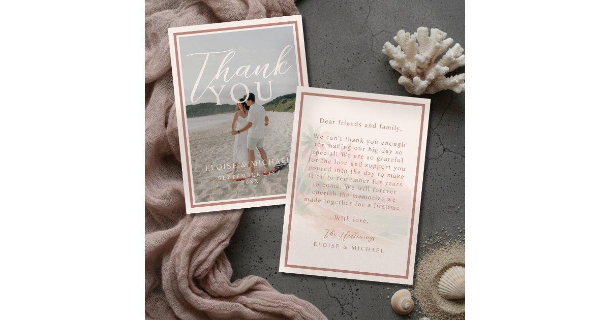 Tropical Sunset Island Beach Wedding Photo Thank You Card | Zazzle