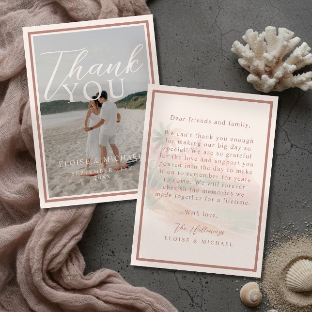 Tropical Sunset Island Beach Wedding Photo Thank You Card (Tropical Sunset Island Beach Wedding Photo Thank You Card)