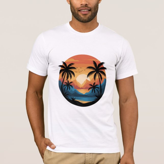 Tropical Sunset Landscape with Palm Trees and Moun T-Shirt (Front)