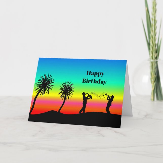 Tropical Sunset Musicians Silhouette Birthday Card (Front)