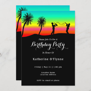 Tropical Sunset Musicians Silhouette Birthday Invitation