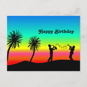 Tropical Sunset Musicians Silhouette Birthday Postcard