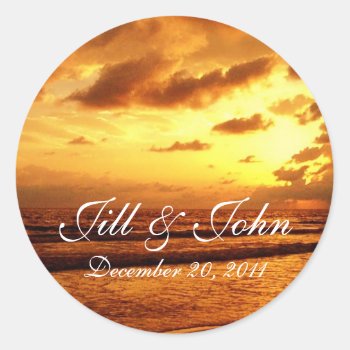 Tropical Sunset Names And Date Wedding Sticker by epclarke at Zazzle