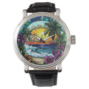 Tropical Sunset Oasis Vibrant Beach Wall Watch