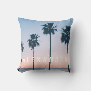 Tropical Sunset Ombre Pink & Blue Palm Tree Throw Pillow