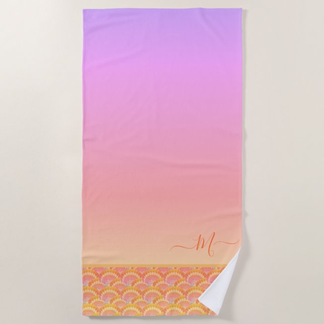 Tropical Sunset Ombre Seashell Shell Elegant  Beach Towel (Front)