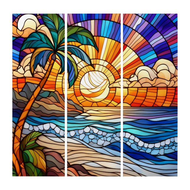 Tropical sunset on beach stained glass art (Front)