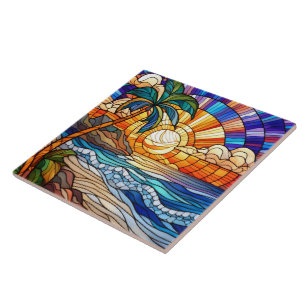 Tropical sunset on beach stained glass art ceramic tile