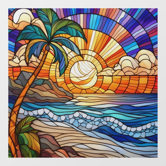 Tropical sunset on beach stained glass art window cling (Sheet)
