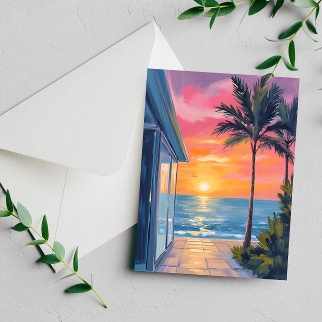 Tropical Sunset Palm Beach Ocean Watercolor Card (Creator Uploaded)