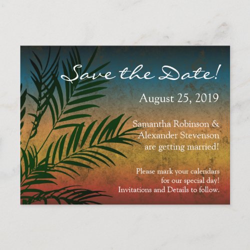 Tropical Sunset Palm Fronds Beach Save the Date Announcement Postcard