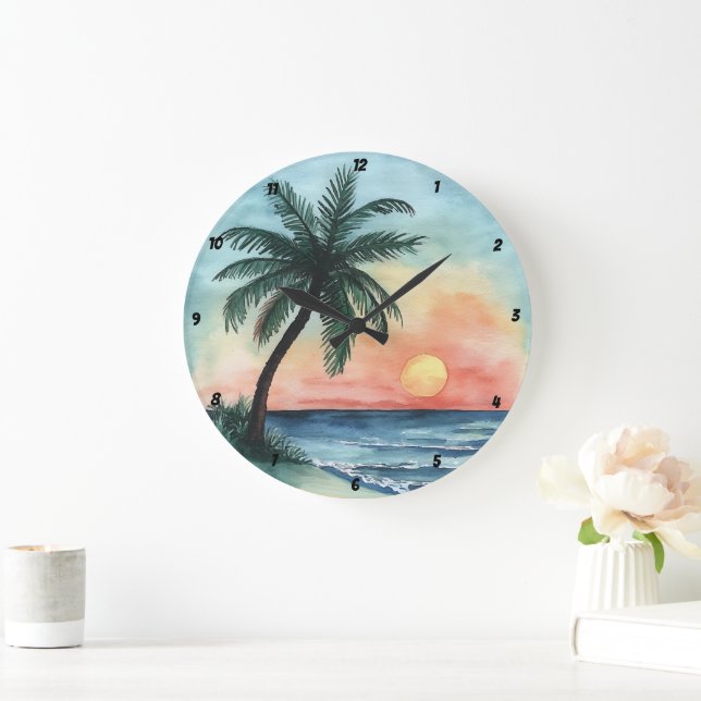 Tropical Sunset Palm Ocean Waves Large Clock (Home)