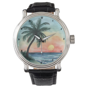 Tropical Sunset Palm Ocean Waves Watch