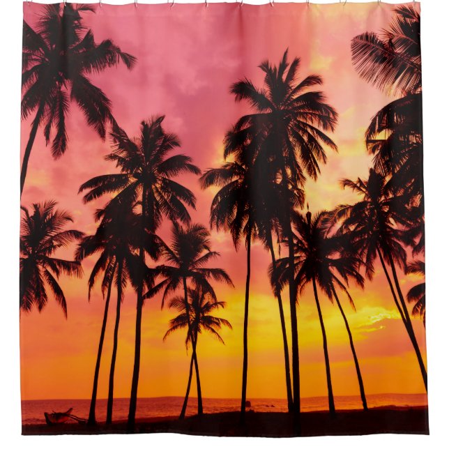 Tropical Sunset: Palm Silhouette Serenity. Shower Curtain (Front)