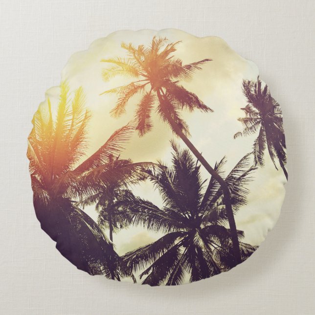 Tropical Sunset: Palm Silhouette Vintage Round Pillow (Front)