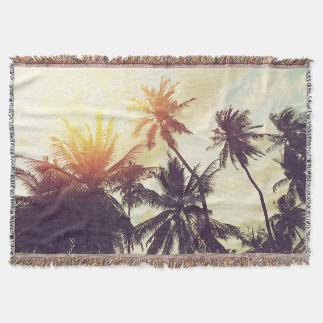 Tropical Sunset: Palm Silhouette Vintage Throw Blanket (Front)