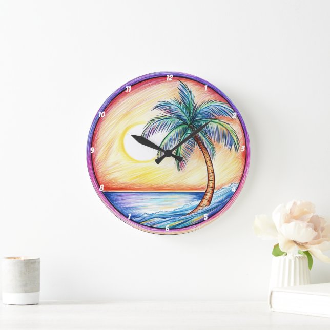 Tropical Sunset Palm Tree Beach Large Clock (Home)