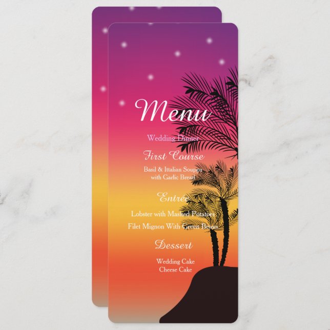 Tropical Sunset Palm Tree Beach MENU Wedding Card (Front/Back)